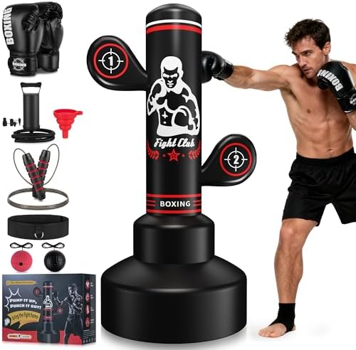 Punching Bag for Adults Teens, 70'' Standing Boxing Bag with 2-Sides Targets, Boxing Gloves, Pump, Jump Rope, Stable Base Kickboxing Bags for Beginners Training MMA Muay Thai Fitness