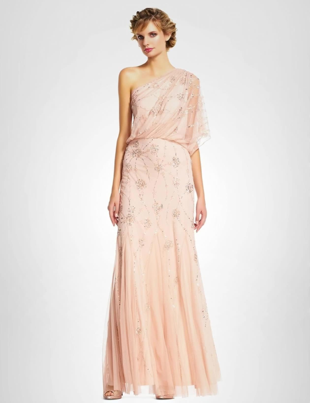 Adrianna Papell Womens One Shoulder Beaded Dress