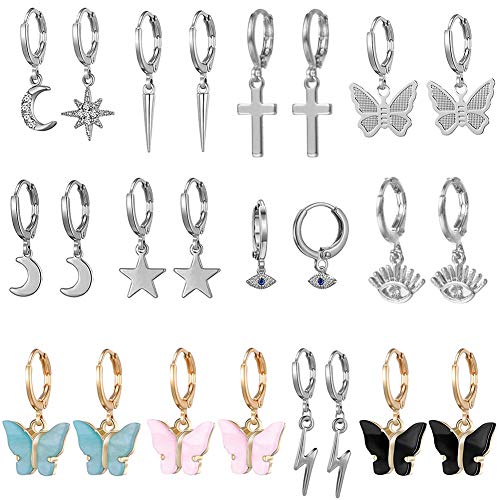 12 Pairs Gold Small Hoop Earrings Women Charm-Silver Mini Hoop Dangle Earrings with Charm- Huggie Hoop Earrings Set for Teen Girls (Silver)