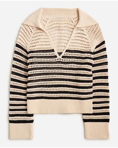 Image of Women's Crochet Stripe Sailor Collar Sweater Hollow Out Long Sleeve Beach Bikini Swimsuit Mesh Cover Up Top