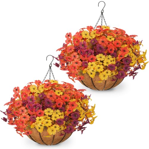 Image of 2 Set Artificial Fall Hanging Flower Baskets for Outdoor Autumn Decor, 24 Pcs Silk Mums Fake Plants for Garden Porch Patio Balcony Yard Home Decoration