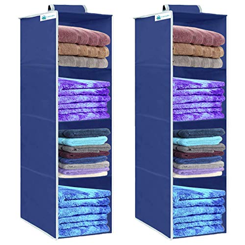 Image of Hanging Closet Organizer for Clothes Storage | Foldable Wardrobe Hanging Storage Rack | Non-Woven Multipurpose Cupboard Organizer for Clothes, Towels & Accessories (Blue, Pack of 2, 4)