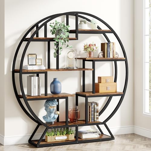 Image of Tribesigns Bookshelf, Round Bookshelves Etagere Bookcase, 63 Inch Industrial Wood Book Shelf with Staggered Shelves, Rustic Open Shelving Organizer Rack Display Shelf for Home Office, Living Room