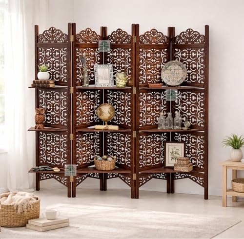 Image of Wooden Room Divider 6 Feet, 5-Panel Folding Wooden Partition for Living Room, Office, Pooja Room, Restaurant, Kitchen & Balcony