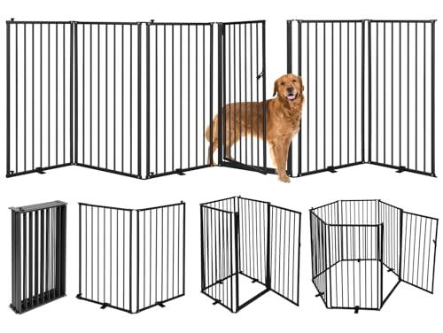 6 Panels Metal Freestanding Dog Gates with Door,120''W...