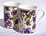 Fine English Bone China Mugs - Pansy Basket Chintz on Pale Yellow - Set of Two
