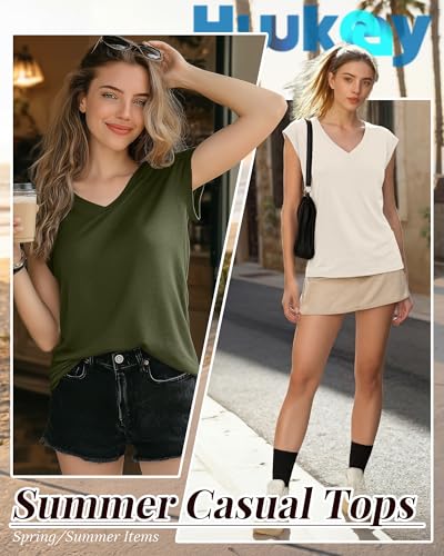 Image of Huukeay 3 Pack Women's V Neck Cap Sleeve T Shirts | Short Sleeve Basic Tees, Loose Fit Soft Tops for Women, Casual Lightweight Shirts, Everyday Summer Clothes