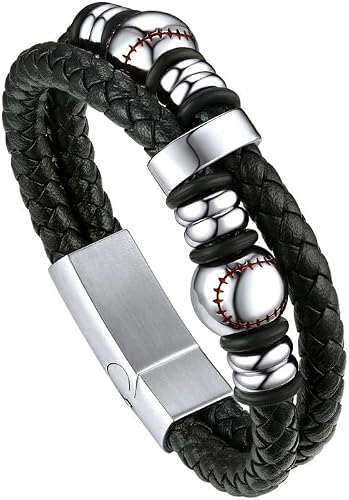 Bandmax Double Layer Leather String Bracelet for Men Leather Baseball Beads Bracelet Wristband with Clasp Jewelry for Baseball Player -21"