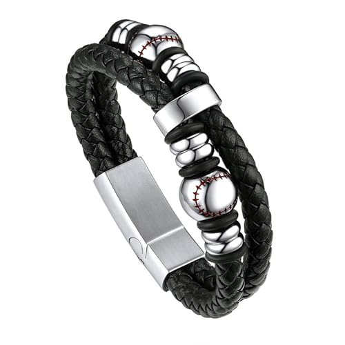 Bandmax Double Layer Leather String Bracelet For Men Leather Baseball Beads Bracelet Wristband With Clasp Jewelry For Baseball Player -21" #TOP4