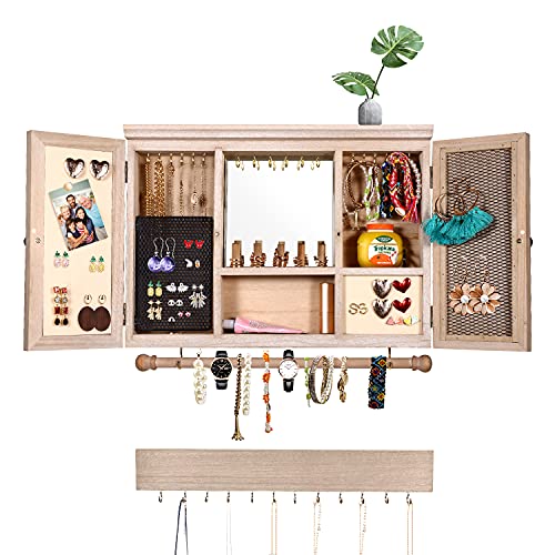 Urban Deco Rustic Wall Mounted Jewelry Organizer Hanging Jewelry Cabinet, Wooden Necklace Holder For Women, Large Earring Holder For Girls, Vintage Wall Jewelry Organizer With Mirror (Light Burlywood)