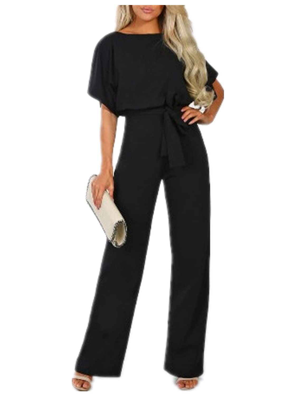 ShangSRS Monos de Mujer, Pantalones Largos Elegante Verano Tallas Grandes Mono de Manga Corta señoras Jumpsuit Monos Mujer Fiesta Playsuits con Cinturón de Lazo Clubwear Monos