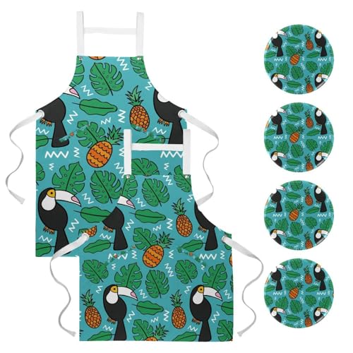 Lot de 2 tabliers de cuisine à motif tropical avec 4 broches incluses