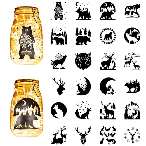CREATCABIN 24 pieza de 24 estilos de Pegatinas de Silueta de Tarro de Albañil, Calcomanías para Tarros de Vidrio, Calcomanías de Ciervo, Oso, Animal Del Bosque, PVC, Calcomanía Autoadhesiva Impermeabl