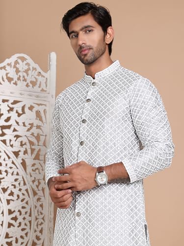 Image of Jompers Men's Silk Blend Regular Fit Sequin Chikankari Front Open Kurtas