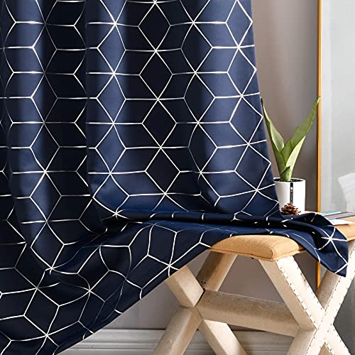 Vangao Navy Blue Blackout Curtains 63 Inches Length 2 Panels For Living Room Bedroom Silver Diamond Foil Print Thermal Insulated Grommet Top Window Drapes #TOP4