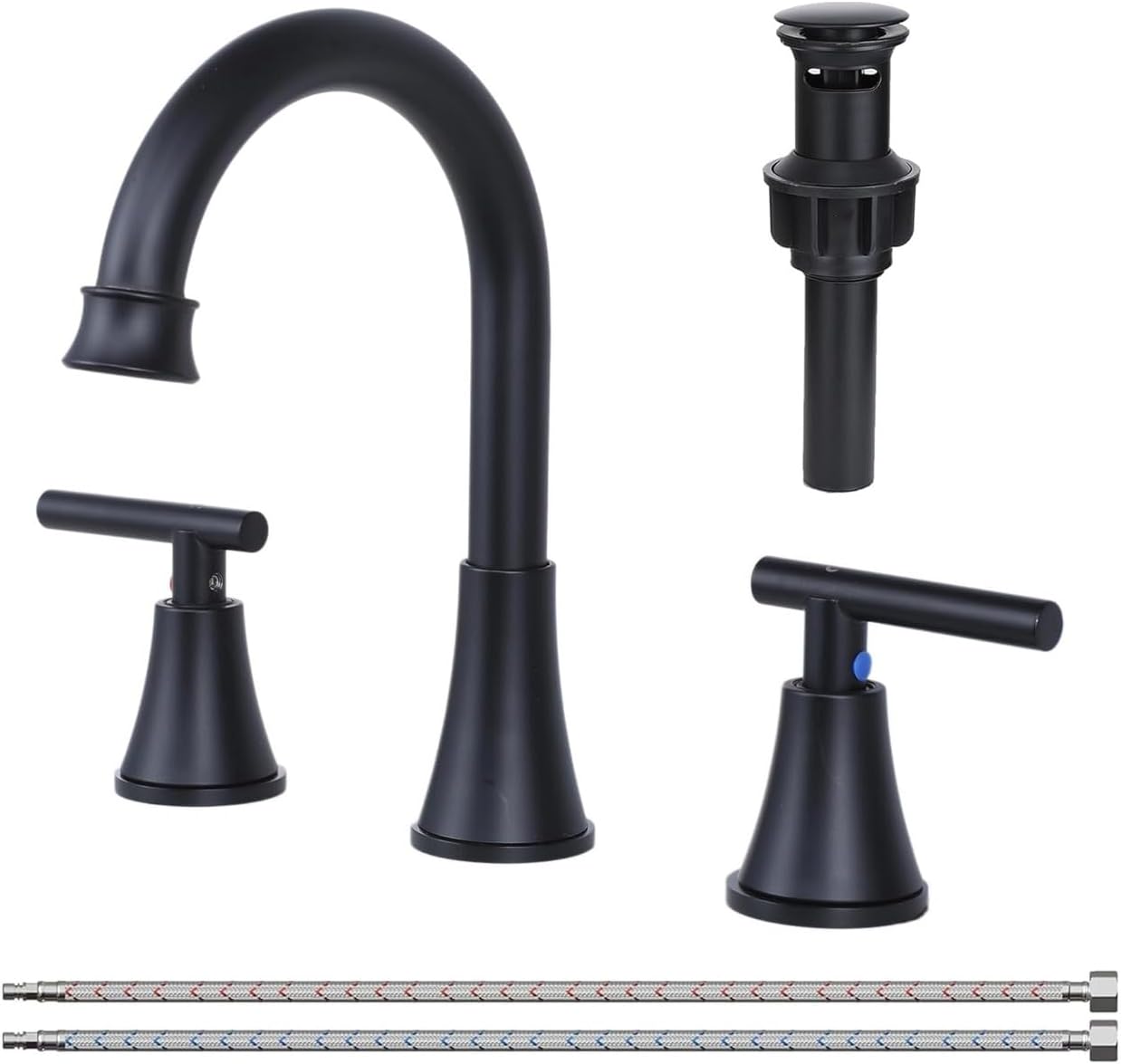 COMLLEN Black Bathroom Faucet 3 Hole Vanity,360 Degree Rotating Spout, 2 Handle 360° Swivel Matte Black 8 Inch Widespread Bathroom Sink Faucet 3 Holes, with Pop-up Drain, Supply Lines