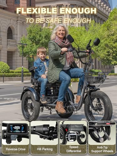 Folding Electric Tricycle for Adults 2 Seater, 22MPH 100 Miles 4″ Wide Fat Tire Electric Trike, 3 Wheel Electric Bike 1200W, 48V 20AH Battery, 550LBS Load, Reverse, Parking, Differential, UL Certified