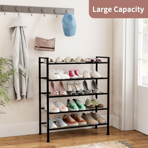 Image of 5-Tier Shoe Rack, Metal Storage Shelves for Closet Entryway, Tall Narrow Unit for Small Spaces, Multi-Purpose Organizer for Bedroom Garage, Easy Assembly, Black