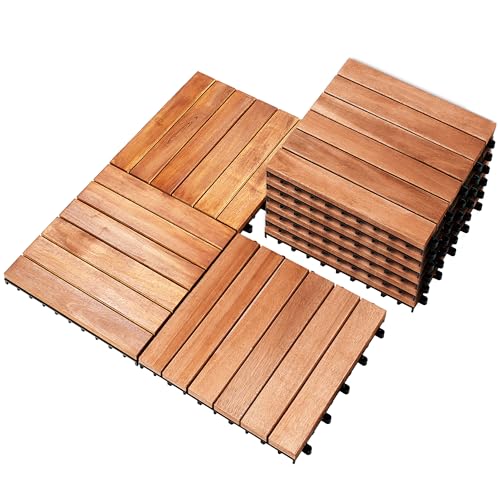 PrimeZone 9 PCS Solid Acacia Wood Interlocking Patio Deck Tiles - 12" x 12" Indoor Outdoor Waterproof Flooring Tiles for Balcony, Backyard, Porch & Poolside, All Weather Use, Natural Wood