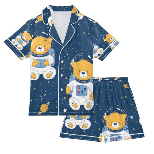 senya Bear Astronaut A Satin Summer Pajama Sets Silk Short Sleeve Button Down Sleepwear