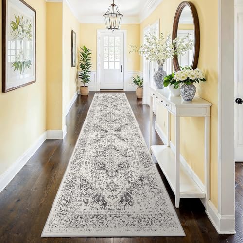 EISUROM Washable 2'6''x12' Runner Rug - Non-Slip Vintage Runner Rug for Entryway Low-Pile Medallion Long Rugs for Hallway Waterproof Traditional Runner Rugs Indoor Thin Rug for Kitchen Grey