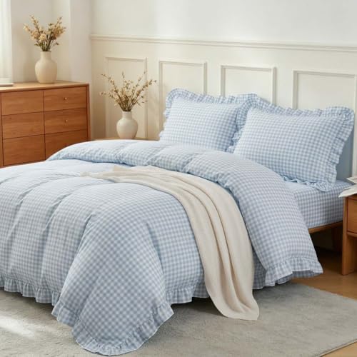 Image of Nayoroom Gingham Duvet Cover Queen Size Blue Ruffle Plaid Checkered Duvet Cover 3 Pieces Soft Washed Microfiber Vintage Farmhouse Dorm Bedding Set Gifts for Women Men