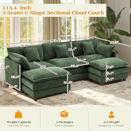 Image of 113.4 inch Modular Sectional Sofa,U Shaped Couch for Living Room,Modern Deep Seat Sofa 3 Seater Chenille Fabric Comfy Cloud Couches with Throw Pillows & Movable Ottoman