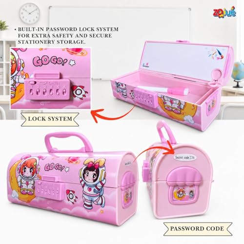 Image of Password Lock Compass Box for Kids, Cute Space Girl Theme Pencil Box with Handle, Large Capacity Stationery Organizer Case for Girls, Multifunctional School Pencil Case, Pink