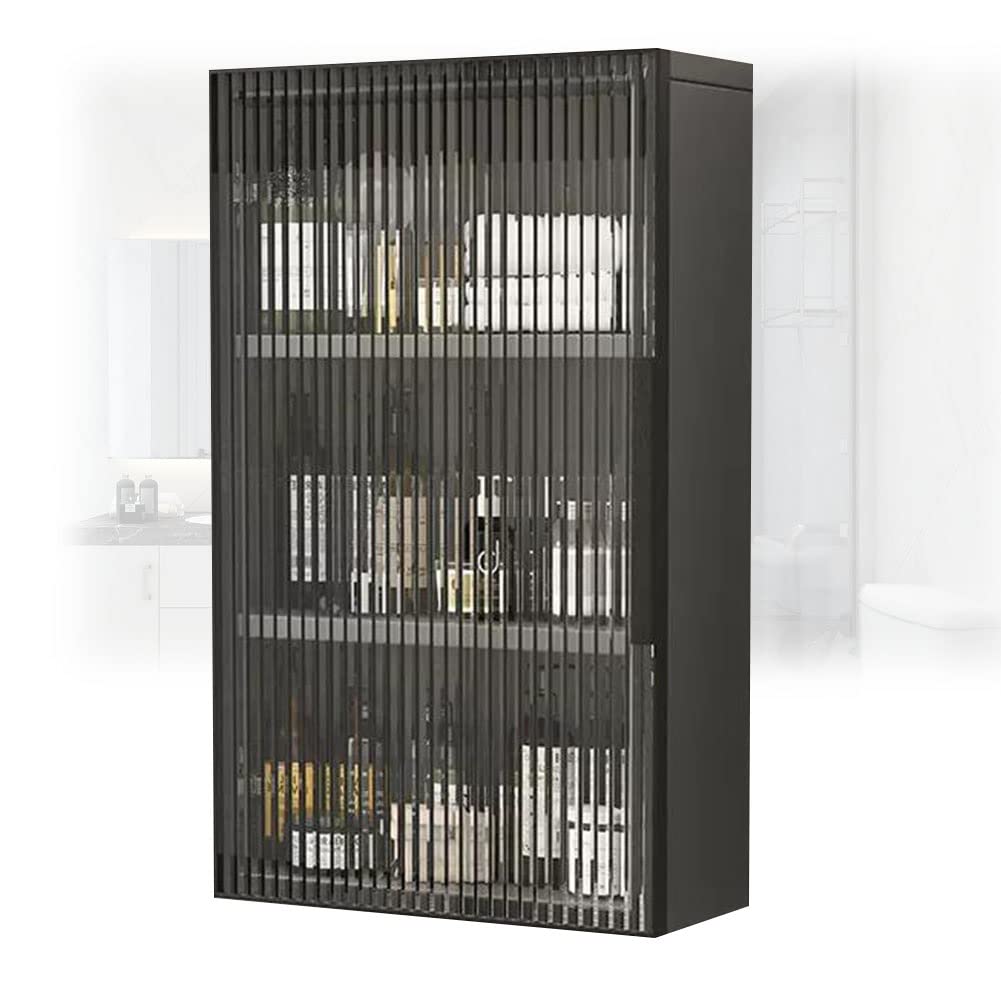 Meuble de salle de bain mural en bois noir avec portes vitrées et rangement
