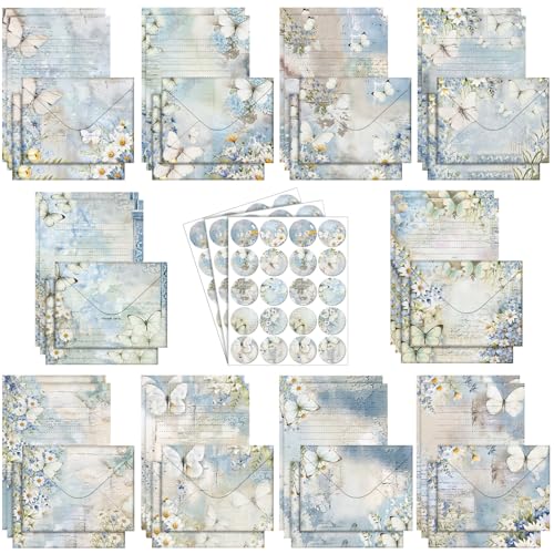 Image of TaoBary 160 Pcs Stationery Paper Set 50 Double Sided Stationery Papers with 50 Matching Envelopes and 60 Round Dot Sticker, 10 Design (Serenity Junk,8.25 x 5.5 Inch)