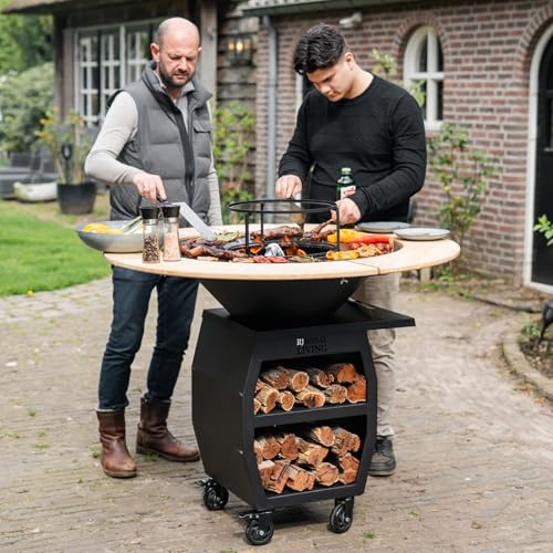 Barbecue Plancha Companero 2.0 XXL Blackline nero con bordo in legno, 80 x 80 x 112,5 cm, anello per barbecue, braciere con piastra di fuoco, contenitore per il fuoco