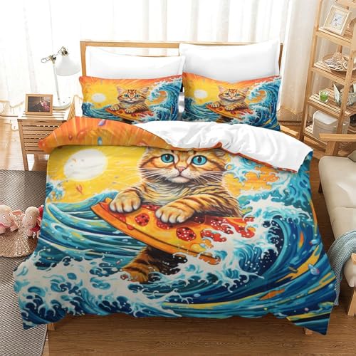 Housse de couette chat de surf à pizza imprimé 3D en microfibre douce avec taies