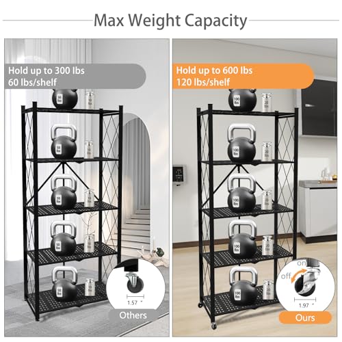 Image of 5 Tier Folding Shelf with Wheels,Metal Steel Collapsible Shelves | No Assembly Portable Shelves Organizer Rack,Rolling Standing Utility Rack for Kitchen, Pantry, Office, Black