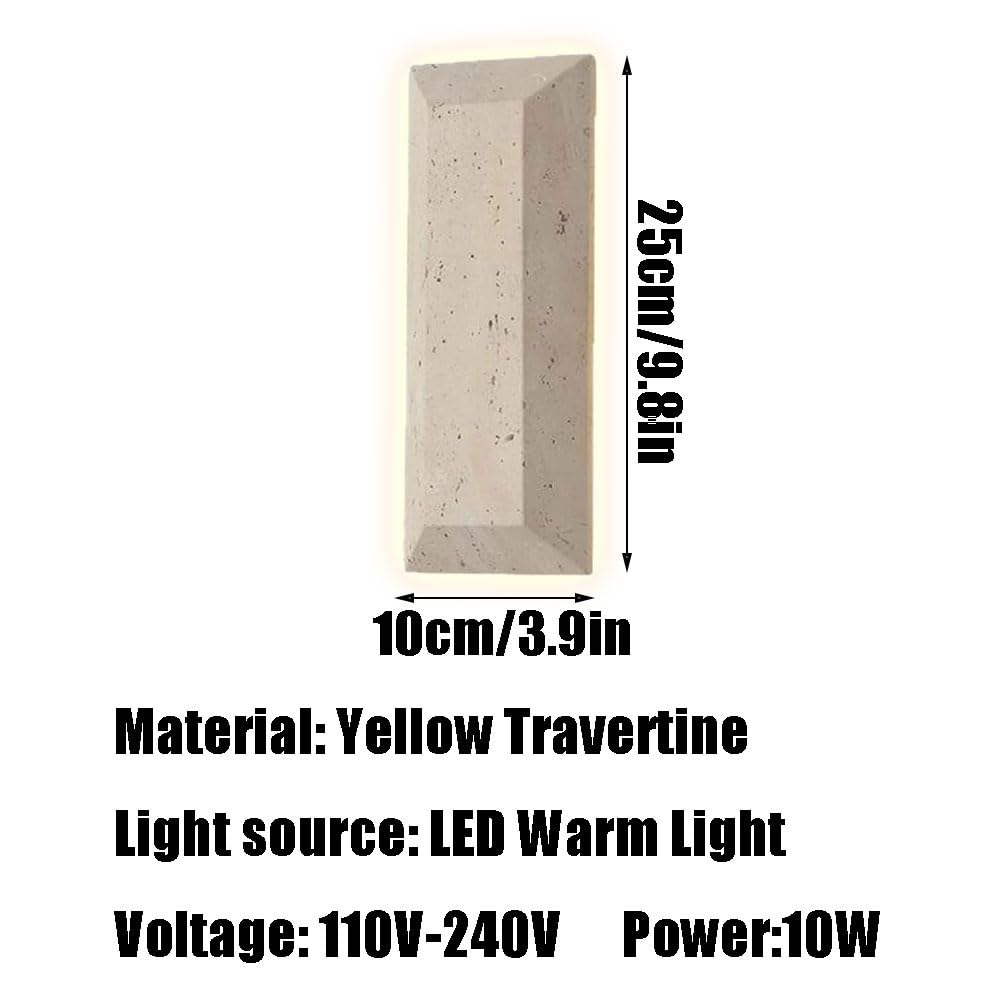 Applique rettangolare da 9,8 pollici in travertino giallo, con sorgente luminosa a LED, lampada da parete in pietra naturale, stile industriale, ideale per soggiorno, ristorante e camera da le