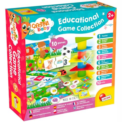 Lisciani - CAROTINA BABY - Colección de 10 Juegos Educativos para Niños desde 2 a 4 Años - Torre de Equilibrio, Rompecabezas, Memoria , Colores, Tombola y mucho màs - Kit de Juegos Completo