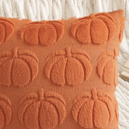 Image of decorUhome Fall Decorative Orange Pumpkin Throw Pillow Covers 20x20 Set of 2, Soft Faux Fur Plush Farmhouse Accent Pillow Cases for Couch Bed Sofa Autumn Harvest Halloween Holiday Home Decor