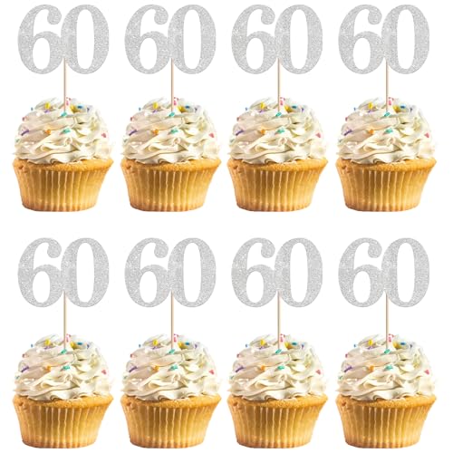 Rsstarxi 36 Pack Number 60 Cupcake Toppers Silver Glitter Cheers to 60 Years Birthday Cupcake Picks Decoration for Happy 60th Birthday Wedding Anniversary Party Cake Decorations