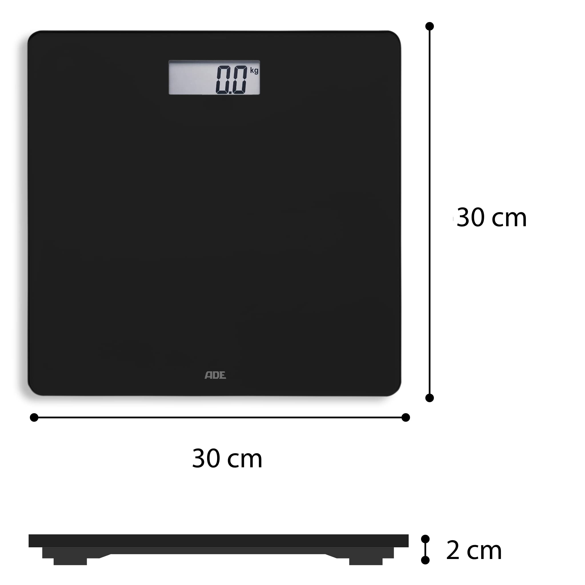 ADE Pèse-personne numérique en verre | seulement 2 cm de haut | balance personnelle sobre avec surface de pesée en verre de sécurité | résultats très précis | 180 kg | noir
