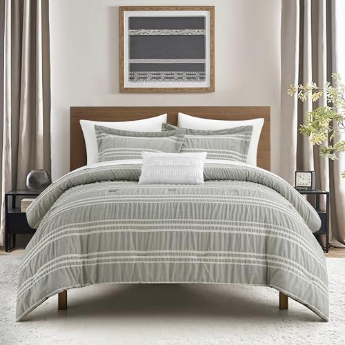 Chic Home Emma Queen 4-Piece Striped Seersucker Comforter Set, 2 Pillow Shams, 1 Decorative Pillow - Green