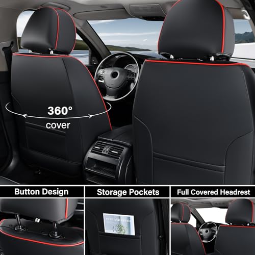 Image of Coverado Seat Covers, Car Seat Covers Front Seats, Waterproof Nappa Leather Auto Seat Cover with Lumbar Head Pillow, Black Redline Seat Covers Carseat Cover Universal Fit for Most Cars