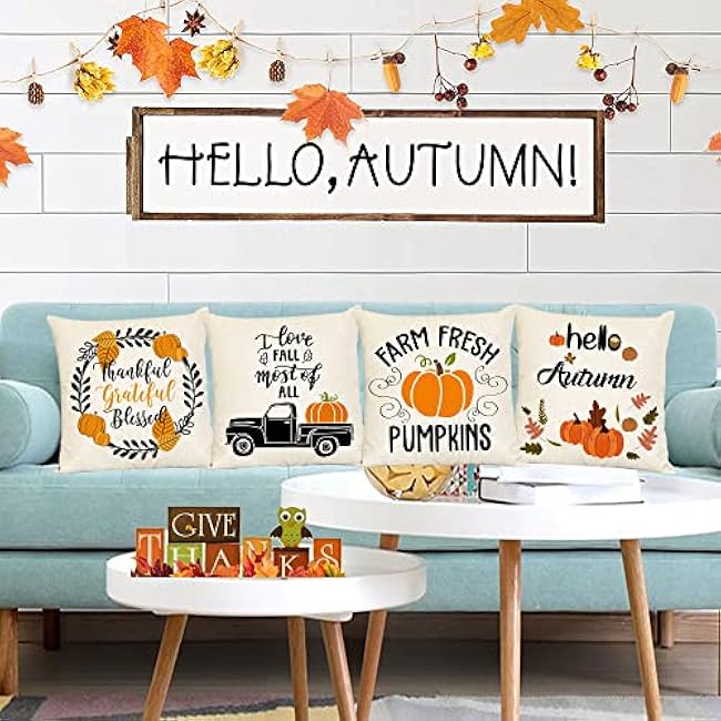 YeeJu Fall Decor Pillow Covers 12x12 Set of 4 Pumpkin Maple Leaf Outdoor Fall Throw Pillows Thanksgiving Autumn Farmhouse Decorative Cushion Case for Home Couch Sofa Decorations (12 inch)