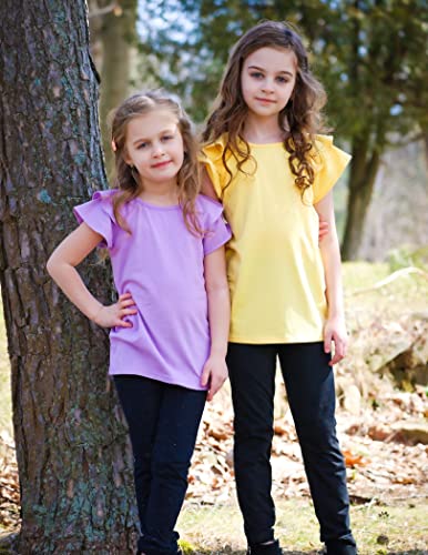Image of Girls T Shirts Ruffle Short Sleeve Round Neck Loose Blouse Summer Solid Color Casual Girl Tee Tops for 3-12 Years