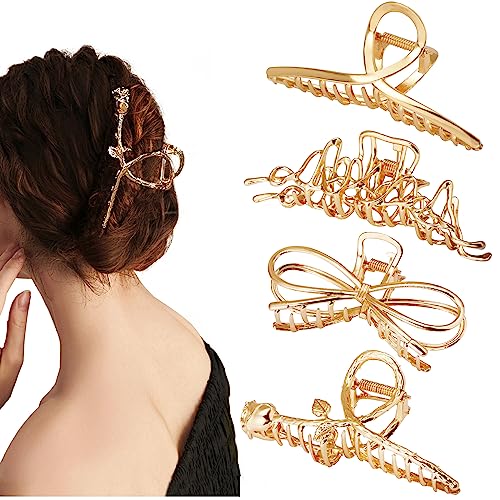 Parcce 4 Pack Large Metal Hair Clips for Thin to Thick Curly Hair, 4.3 Inch Big Nonslip Gold Color Clamps, Perfect Fashion Jaw Claw Hair Styling Accessories for Women and Girls, Christmas Gifts