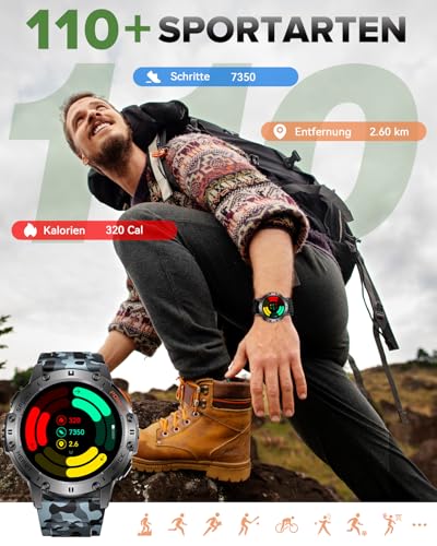 Smartwatch Herren Fitness Uhren: LED Taschenlampe Wasserdicht IP68 Sport Fitnessuhr - Tracker Blutdruck Schrittzähler Pulsmesser Smart Watch Männer Kompatibel Android iOS – Bild 4