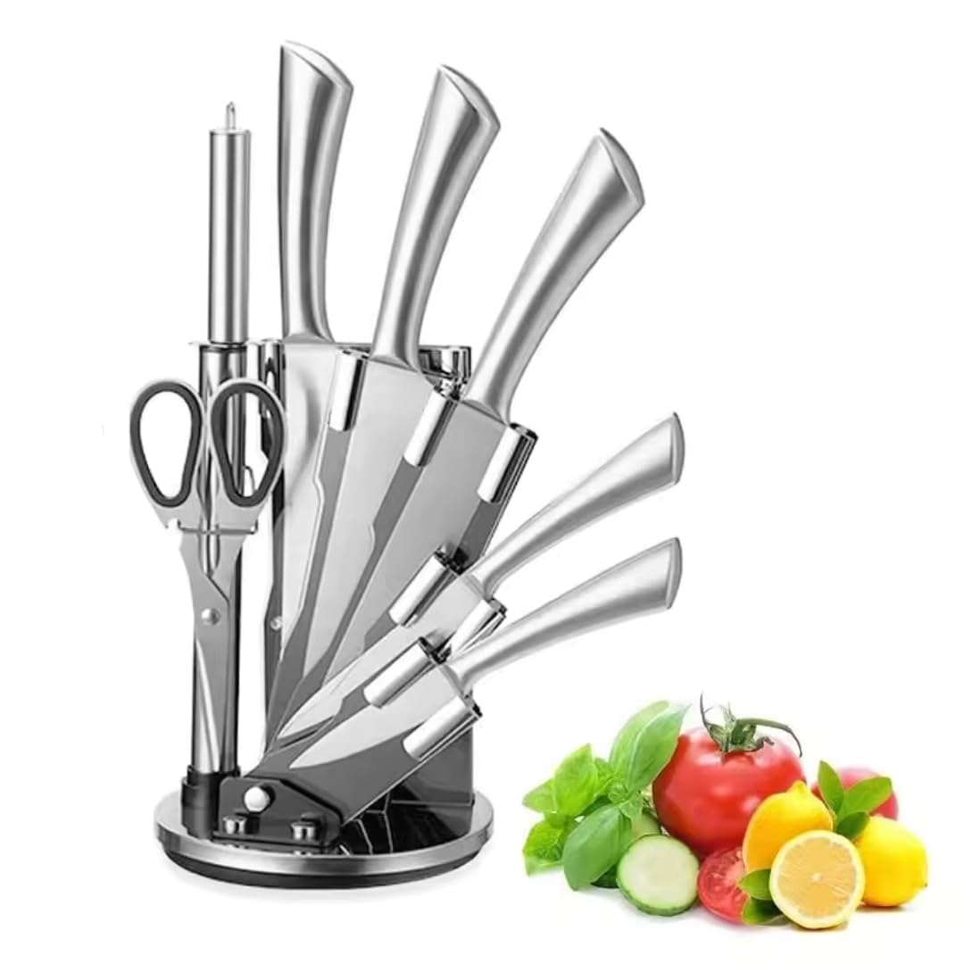 8 Piece Professional Kitchen Knife Set, High Carbon Stainless Steel Chef, Steak, Bread Knives with Sharpener, Shears, and Acrylic Block Silver & White