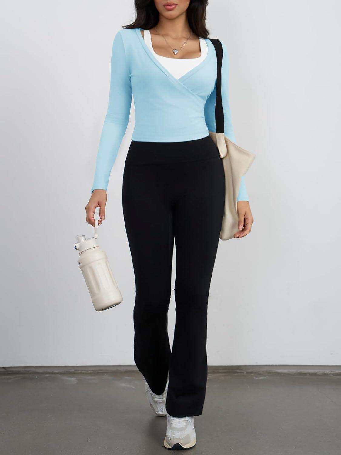 Yousify Womens Wrap Tie Tops Y2k Long Sleeve Ballet Pilates Yoga Workout Wrap Shirts Deep V Neck Casual Tops - Image 6