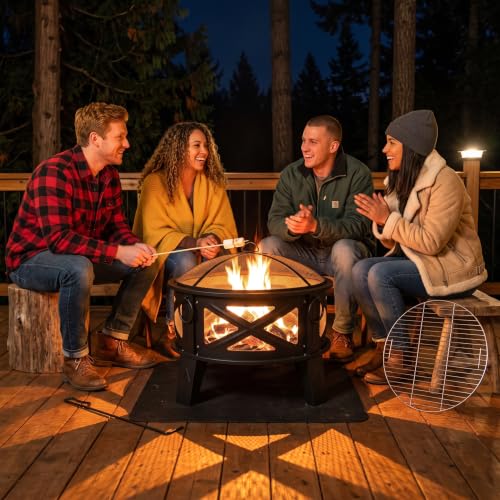 Fire Beauty 26" 2-in-1 Fire Pit with BBQ Grill, Spark Screen & Poker, Black