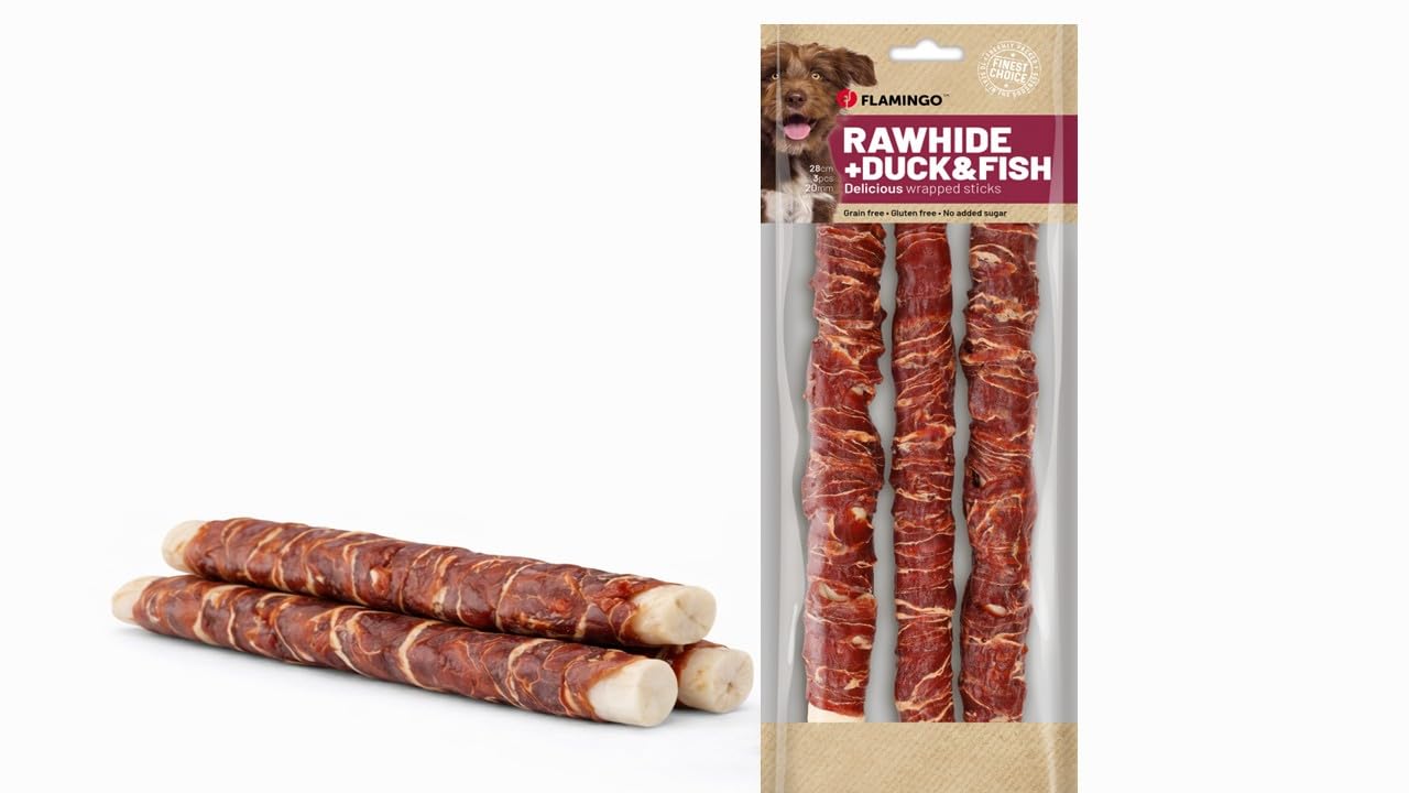 snack per cani - bastoncini per cani - R'Hide con anatra e merluzzo - 28 cm - 3 pezzi - 280 g - senza glutine - senza cereali - senza zuccheri aggiunti