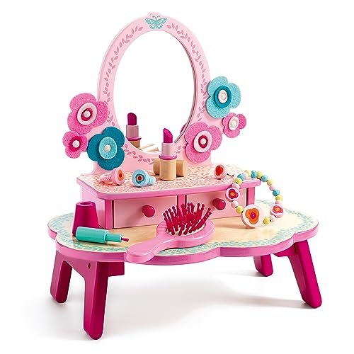 DJECO Coiffeuse en Bois Flora Rose, dès 4 Ans - Jeux d'Imitation & Créativité - Montage Facile - 1 Coiffeuse avec Tiroirs, 1 Miroir, 7 Accessoires Beauté...