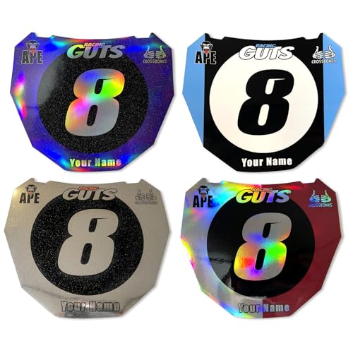 Custom ODI DH Size EBike Number Plate Sticker Decal QBall Racing Guts Design Personalized with Name & Number Multicolor Eye-Catching Design for Surron in Holographic Chrome or White Vinyl.